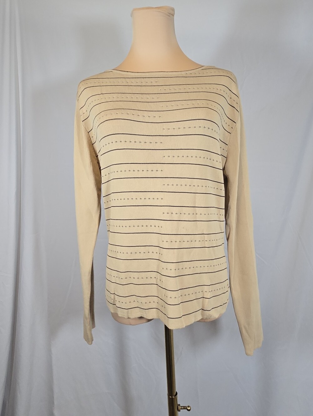 Vintage Striped Beige Knit Long Sleeve Sweater Top